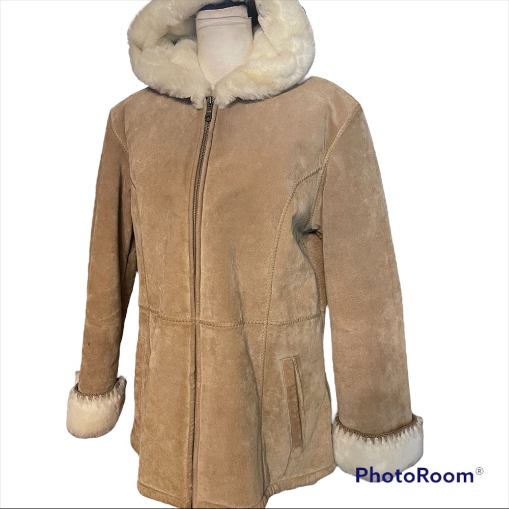 Wilson’s Leather Brown Tan Suede Leather Fur Lined Hooded coat large